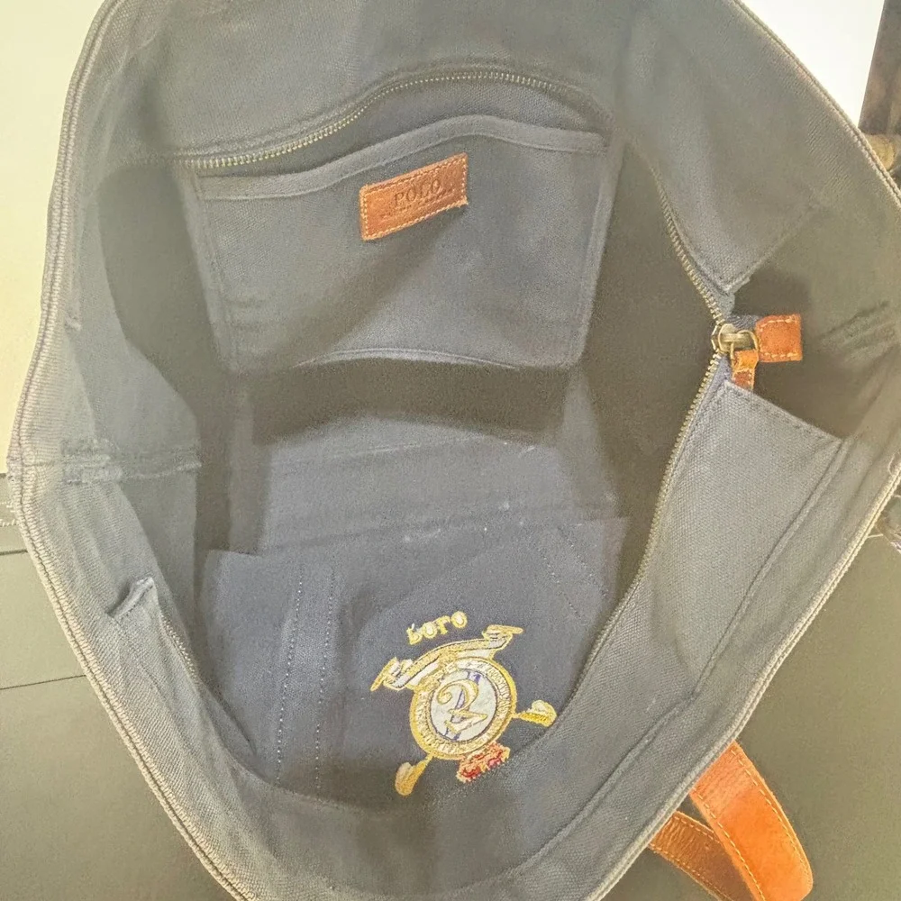Vintage Polo Ralph Lauren Tote Bag Navy Canvas Leather Crest Heritage Preppy 90s